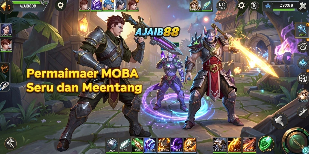 Tampilan strategi dan aksi intens dalam gameplay MOBA AJAIB88.