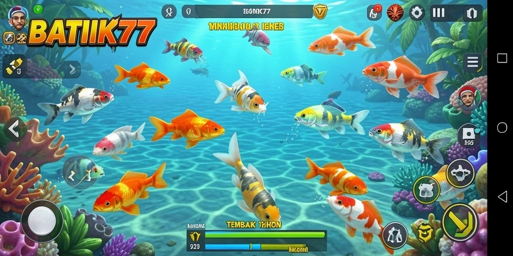 Screenshot dari gameplay seru BATIK77 yang menampilkan aksi menembak ikan.