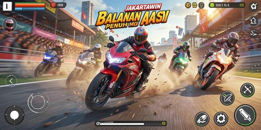 Tampilan layar utama JAKARTAWIN menampilkan balapan motor yang mendebarkan.