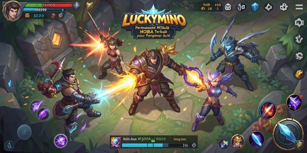 Screenshot LUCKYMINO menampilkan aksi pertempuran yang intens dalam gameplay MOBA.
