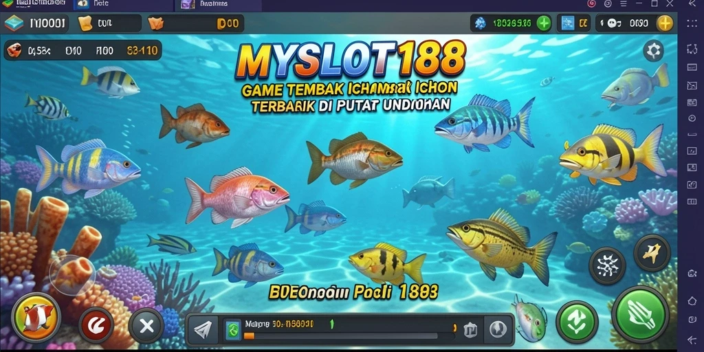 Screenshot MYSLOT188 menunjukkan gameplay seru Tembak Ikan di dunia bawah laut.