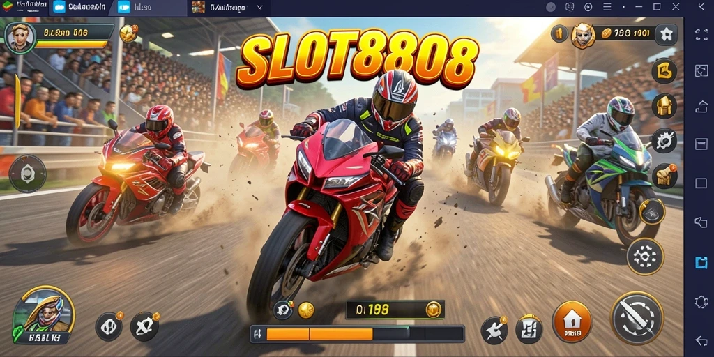 Tampilan gameplay SLOT8808 dengan aksi balapan motor yang mendebarkan.