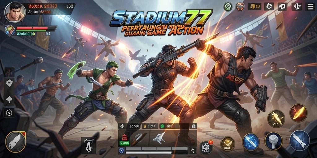 Tampilan seru gameplay STADIUM77 yang menampilkan aksi pertarungan.