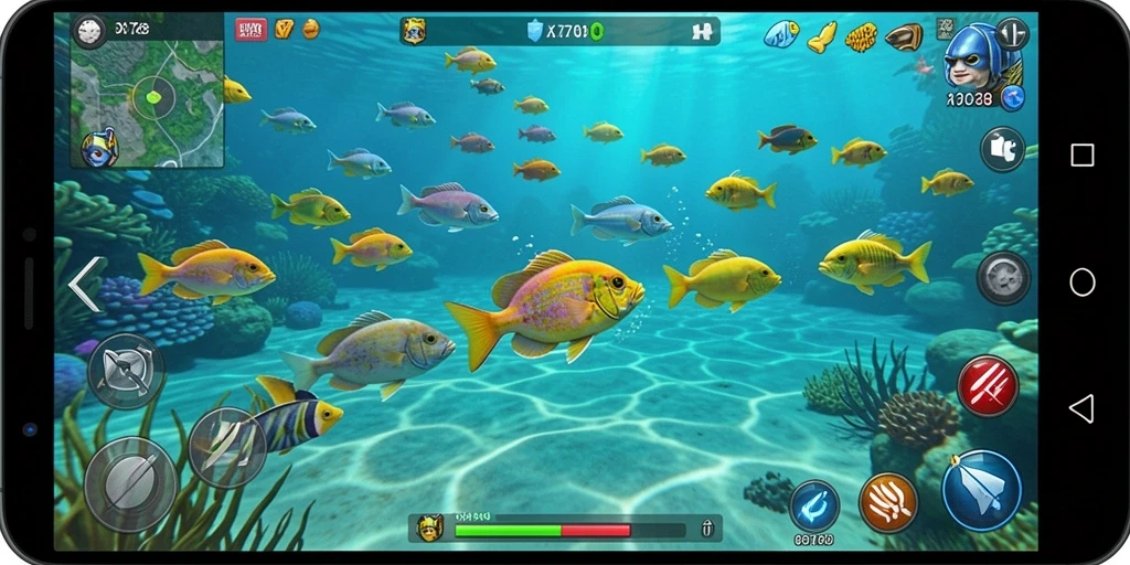 Tampilan gameplay <strong>X78</strong> yang mengasyikkan dengan berbagai ikan berwarna-warni.